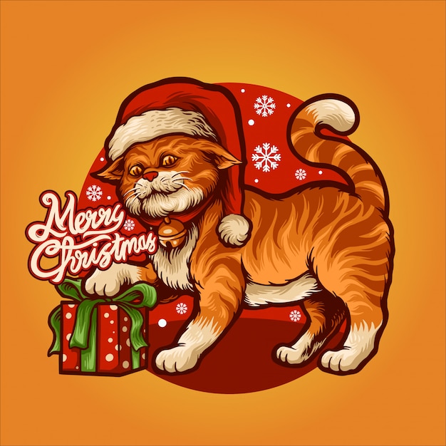 Een vrolijke oranje kat op de hoed van de kerstman