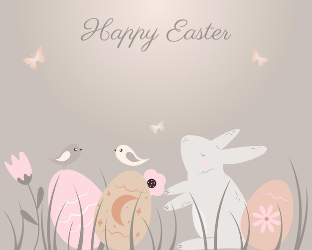 Een vrolijke paaskaart met een konijntje en eitjes