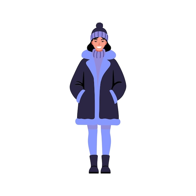 Een vrolijke vrouw met een warme winterjas en hoed in een platte ontwerp stijl staat zelfverzekerd met handen in zakken en toont een gezellige stemming vector illustratie