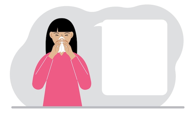 Een vrouw bedekt zijn neus met zijn handen met een zakdoek