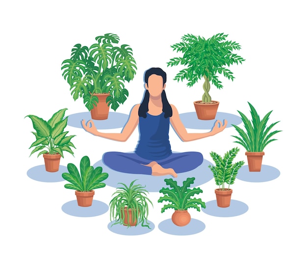 Een vrouw beoefent yoga in lotushouding omringd door groene planten vector vlakke afbeelding