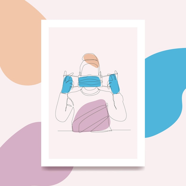 Een vrouw beschermt zichzelf tegen virussen door een handgetekende oneline art poster met masker te dragen