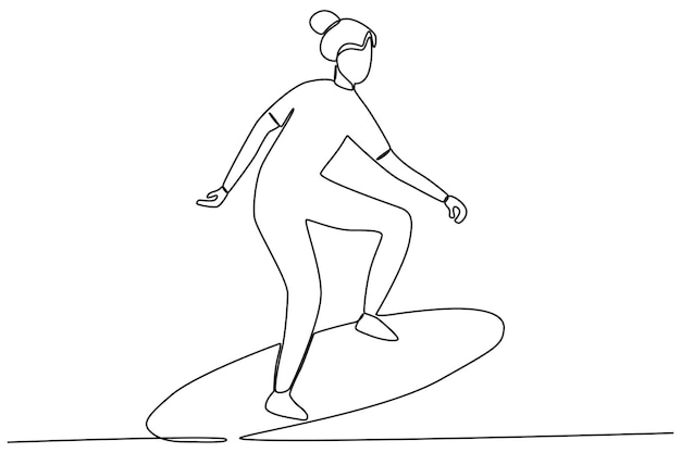 Een vrouw die aan het surfen is met een surfplank Surfen in één lijn