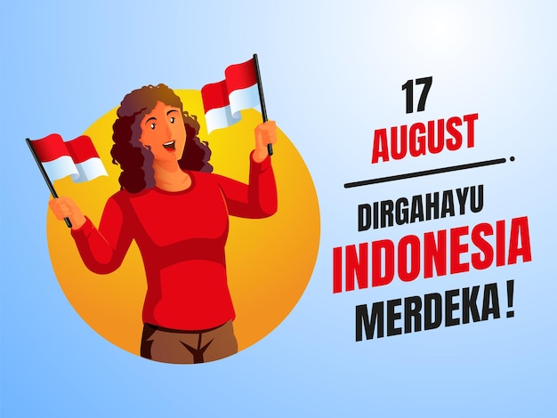 een vrouw die de Indonesische vlag vasthoudt en de onafhankelijkheidsdag van Indonesië viert