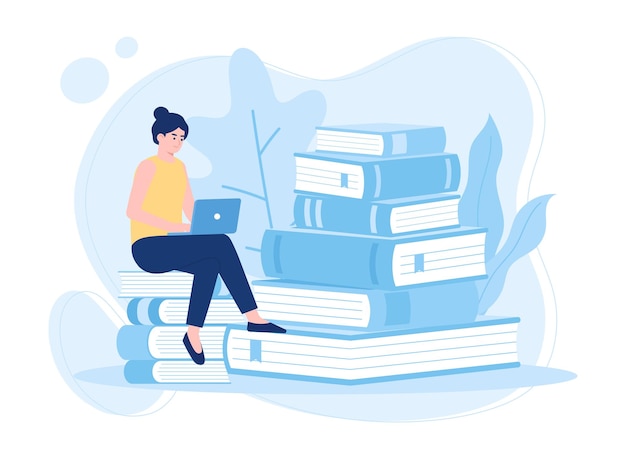 een vrouw die een boek leest zit op een stapel boeken concept plat illustratie