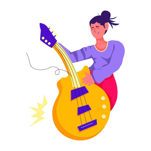 Vector een vrouw die gitaar speelt met een gitaar op een witte achtergrond.