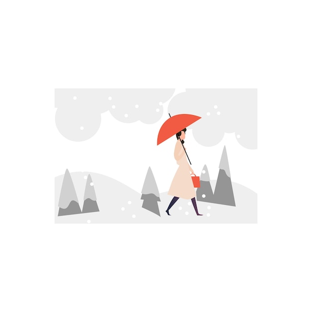 Een vrouw die in de sneeuw loopt met een rode paraplu.