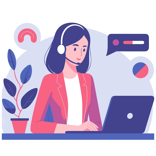 een vrouw die in een kantoor flat werkt eenvoudige vector illustraties op witte achtergrond