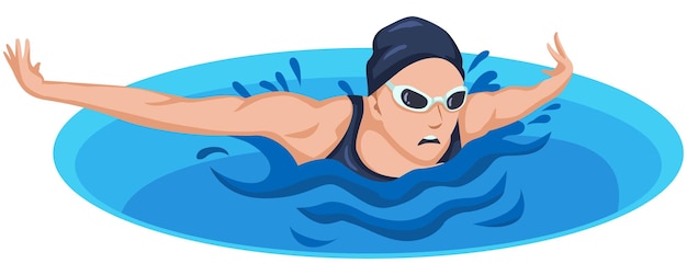 Een vrouw die in een zwembad zwemt met een blauwe pet en een bril waarop staat 'ik ben een zwemmer'