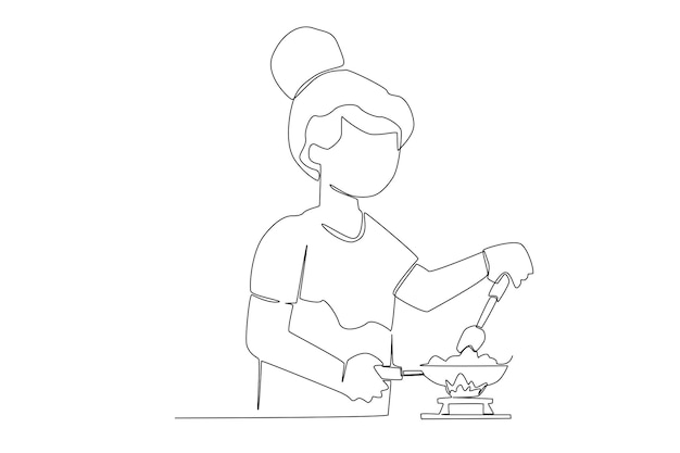 Een vrouw die in het keukenlijnwerk kookt