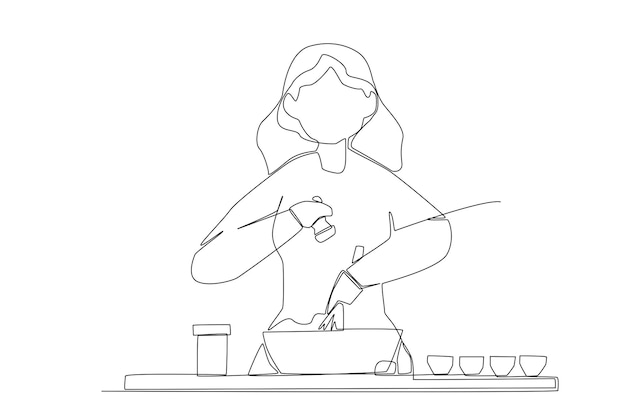 Een vrouw die kookt met kruiden lijntekeningen
