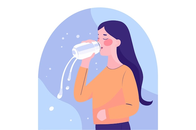 Een vrouw die melk drinkt uit een fles en ook een platte vectorillustratie voor meisjes drinkwater