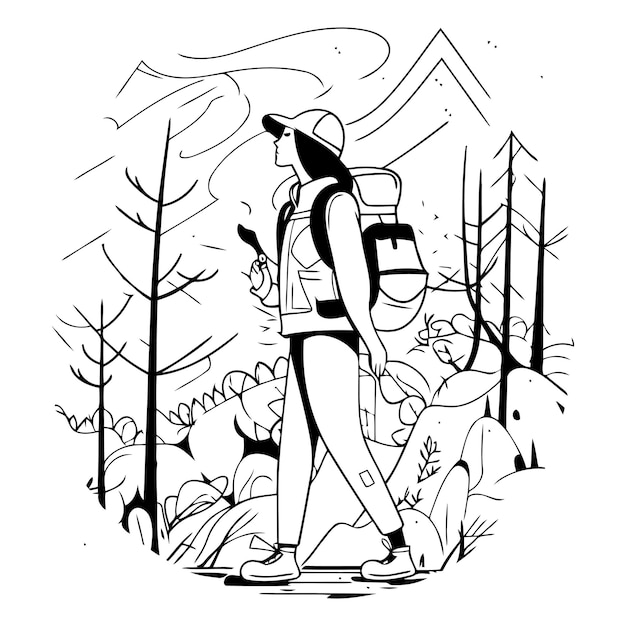 Vector een vrouw die met een rugzak in het bos wandelt.
