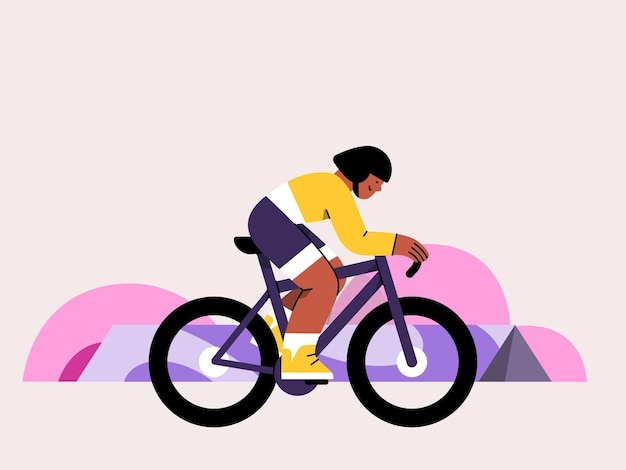 een vrouw die op een fiets rijdt met een regenboog op de achtergrond