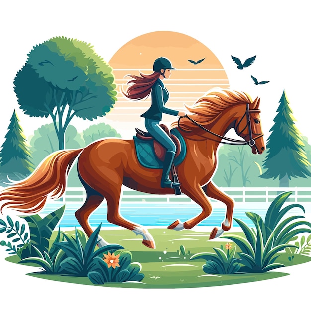 een vrouw die op een paard rijdt in een park met een vrouw die een paard rijt