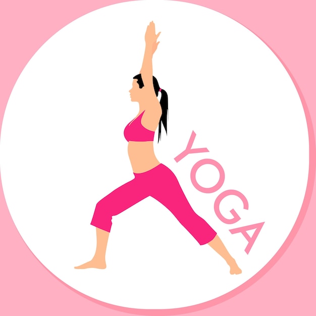 Vector een vrouw die yoga doet met het woord yoga op een roze achtergrond