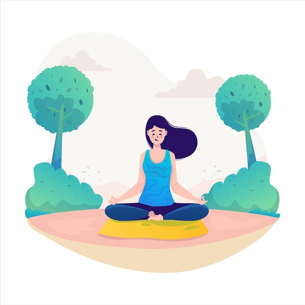 Een vrouw die yoga-meditatie doet platte illustratie