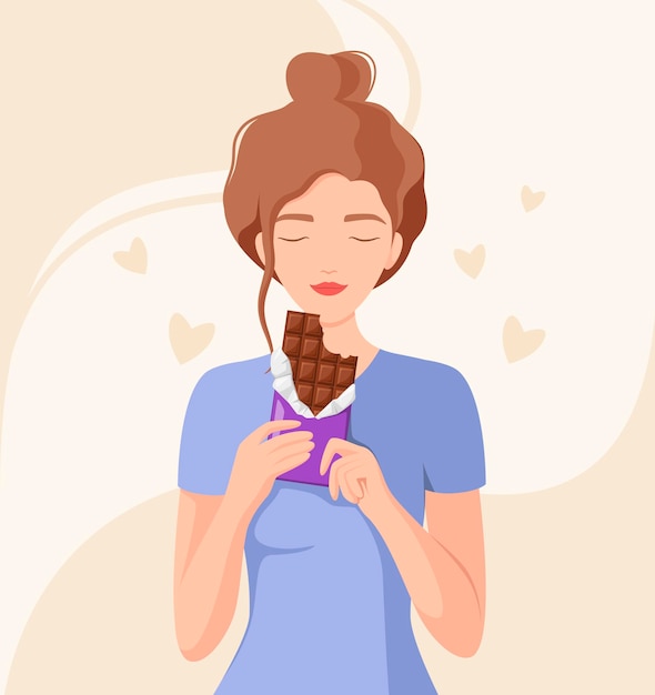 Een vrouw eet een chocoladereep. cartoon ontwerp.