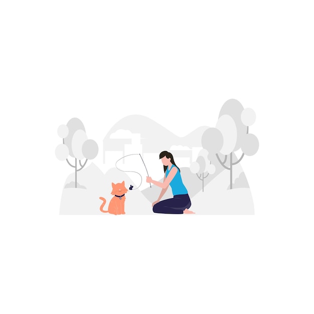Vector een vrouw en een hond spelen in het park.