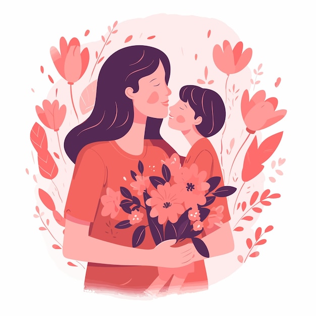 Een vrouw en een kind met bloemen op haar borst.