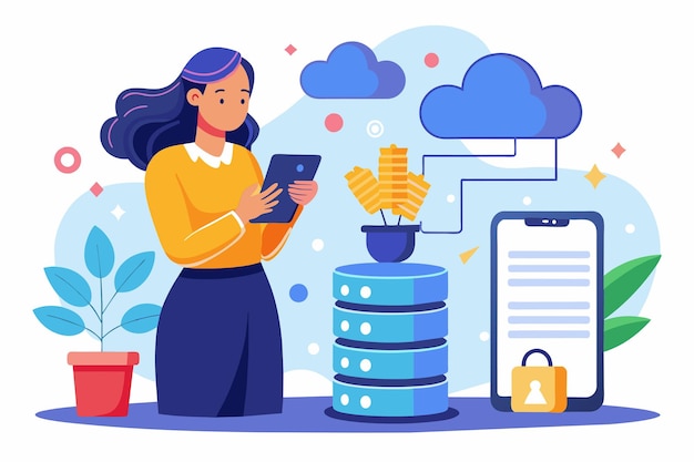Een vrouw gebruikt haar mobiele telefoon om een back-up te maken van een database omringd door wolksymbolen en planten Vrouw gebruikt een mobiele telefoon voor het back-up van een database met een cloud flat illustratie