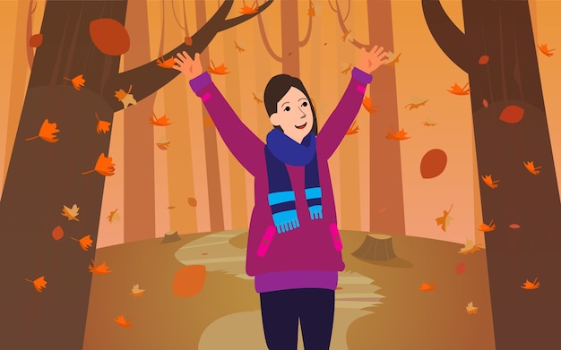 Vector een vrouw geniet herfst van het seizoen in het midden van bossen of parken