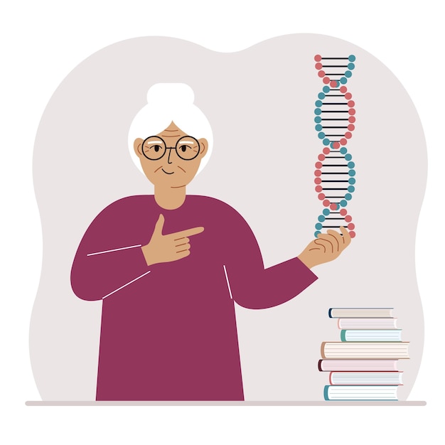 Een vrouw heeft een DNA-model in zijn hand en er zijn veel boeken in de buurt