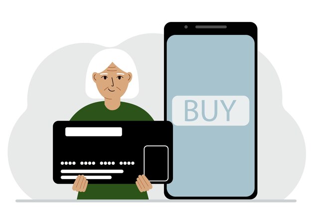 Een vrouw heeft een enorme creditcard naast een smartphone met een koopknop op het scherm Het concept van online betalingen met betaling via mobiele telefoon