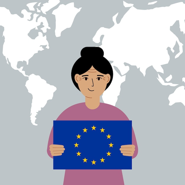 Vector een vrouw houdt de vlag van de europese unie in zijn handen tegen de achtergrond van een wereldkaart