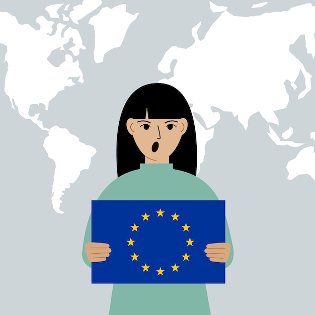 Vector een vrouw houdt de vlag van de europese unie in zijn handen tegen de achtergrond van een wereldkaart