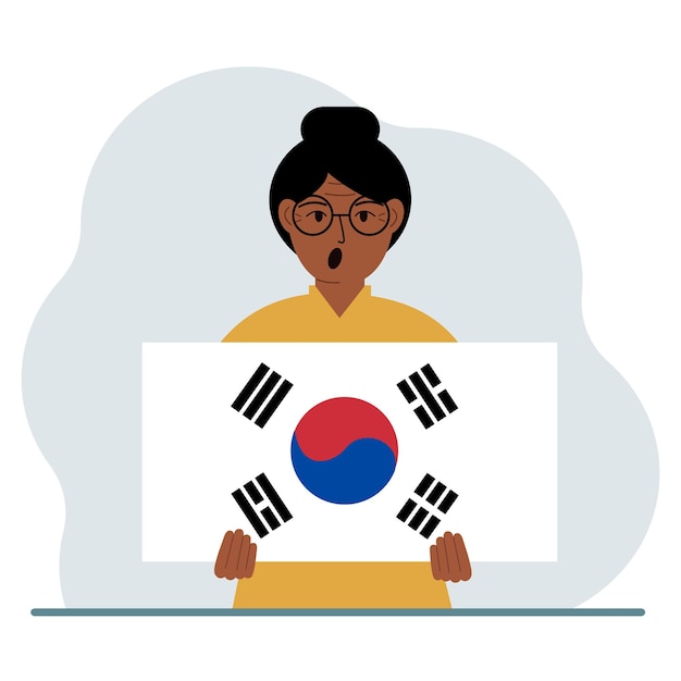 Vector een vrouw houdt de vlag van zuid-korea vast het concept van demonstratie nationale feestdag onafhankelijkheidsdag of patriottisme nationaliteit