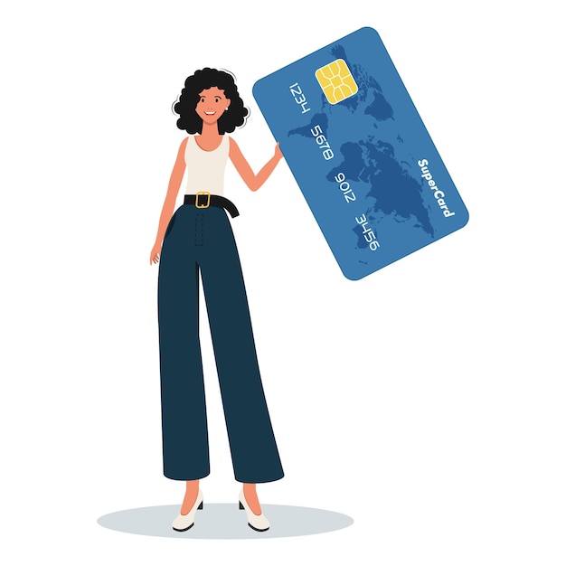 Een vrouw houdt een creditcard in haar handen. Geïsoleerd op wit