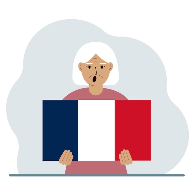 Een vrouw houdt een Franse vlag in zijn handen Het concept demonstratie nationale feestdag of patriottisme Nationaliteit