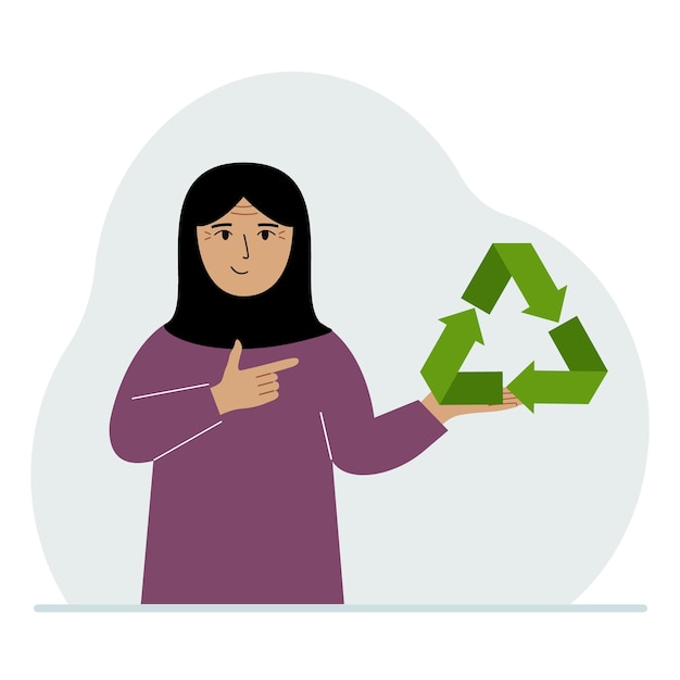 Een vrouw houdt een groen recycle recycling- of ecologiebord in zijn handen