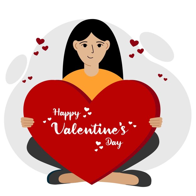 Vector een vrouw houdt een groot rood hart vast met felicitaties op valentijnsdag