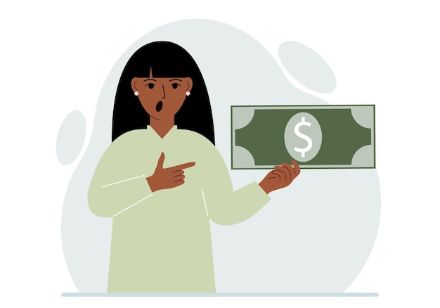Een vrouw houdt een grote papieren rekening in zijn hand Het concept van inkomensuitgaven die geld verdienen of uitgeven