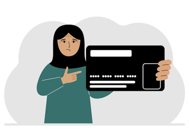 Vector een vrouw houdt een grote plastic creditcard in zijn hand. vectorillustratie