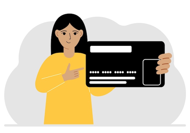 Een vrouw houdt een grote plastic creditcard in zijn hand. Vectorillustratie