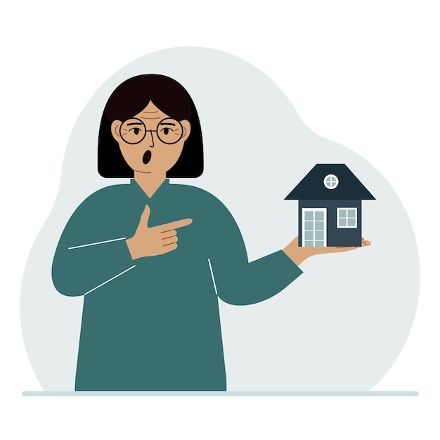 Een vrouw houdt een klein huis in zijn handpalm begrippen overerving onroerend goed overdracht hypothecaire kredietlening of huisaankoop