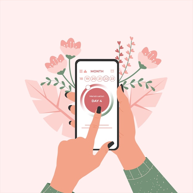 Een vrouw houdt een mobiele telefoon in haar hand en een app voor het volgen van menstruatiecycli op haar smartphonescherm