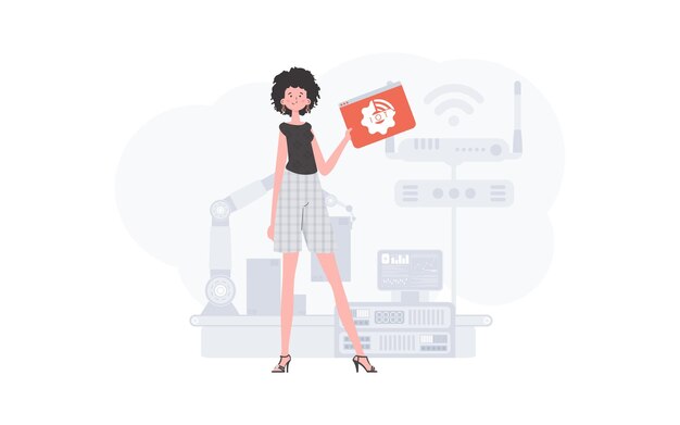 Een vrouw houdt een pictogram van een internetding in haar handen Internet der dingen concept Goed voor websites en presentaties Vector illustratie in trendy vlakke stijl