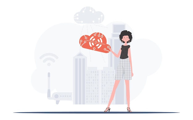 Een vrouw houdt een pictogram van een internetding in haar handen IOT en automatiseringsconcept Goed voor presentaties en websites Vector illustratie in platte stijl