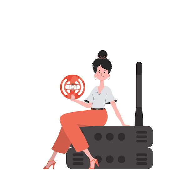 Een vrouw houdt een pictogram van een internetding in haar handen Router en server IoT-concept Geïsoleerd Trendy vlakke stijl Vectorillustratie