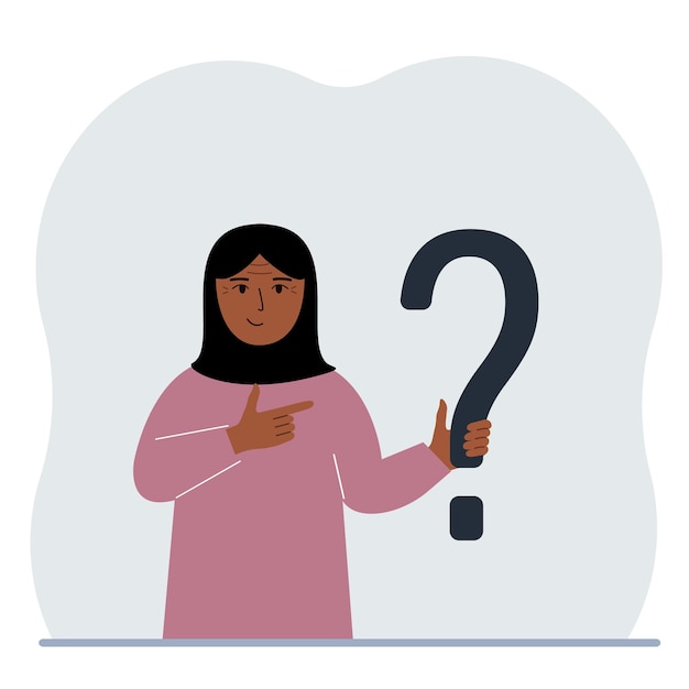 Een vrouw houdt een vraagtekensymbool vast Stel vragen en zoek naar antwoorden FAQ of veelgestelde vragen concept online ondersteuningscentrum