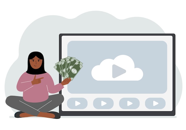 Vector een vrouw houdt papieren bankbiljetten in zijn hand naast een computer met een video freelancer die geld verdient door op internet te werken training coaching zakelijk werken op afstand