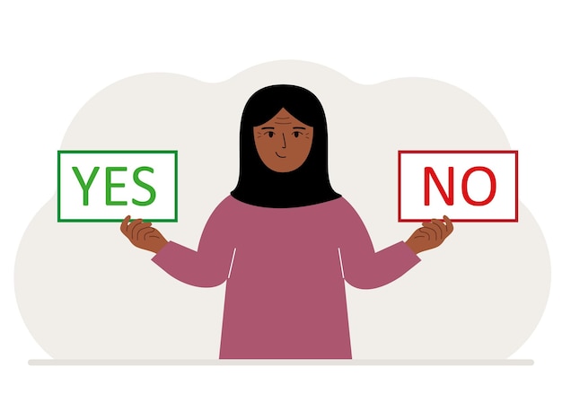 Een vrouw houdt twee spandoeken Ja en Nee in zijn handen Testvraag Besluiteloos keuzeargument oppositie keuzedilemma mening van de tegenstander