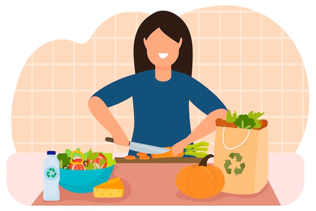 Een vrouw in de keuken kookt van biologische producten Recycling Groenten Natuurlijke producten