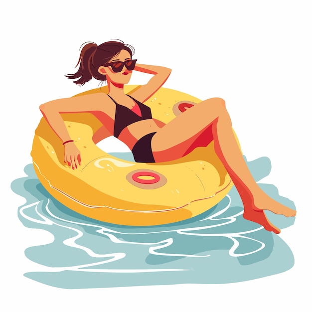 een vrouw in een bikini zit op een gele floatie