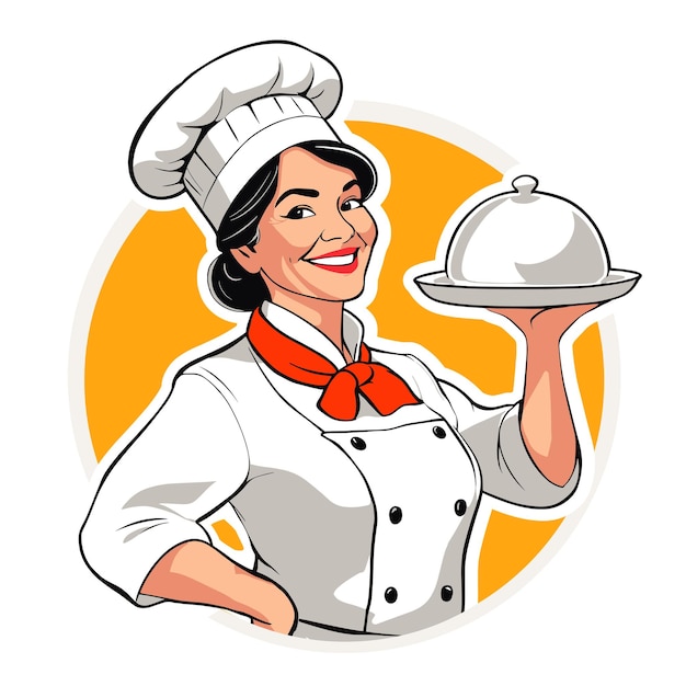 een vrouw in een chef-kok hoed die een dienblad met voedsel vasthoudt