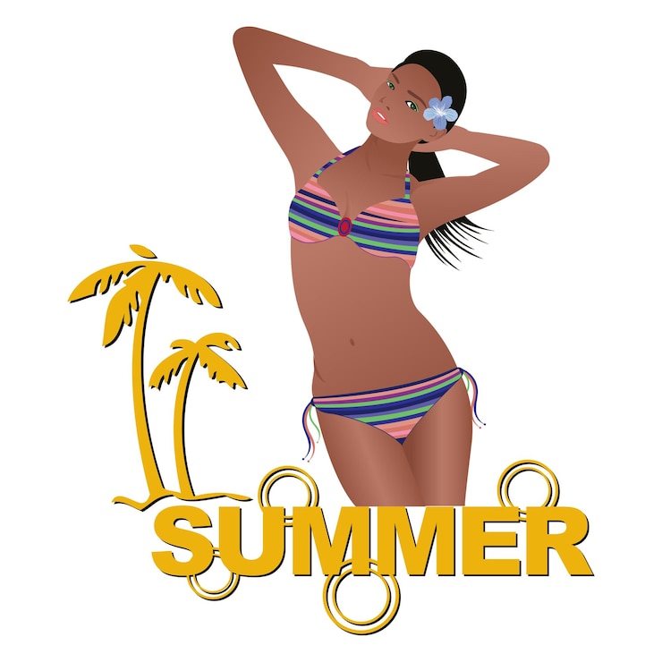 Vector een vrouw in een gestreepte bikini poseert voor een palmboom